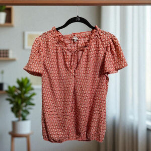 Max Studio Ruffle Tie Short Sleeved Floral Echo Grid Blouse